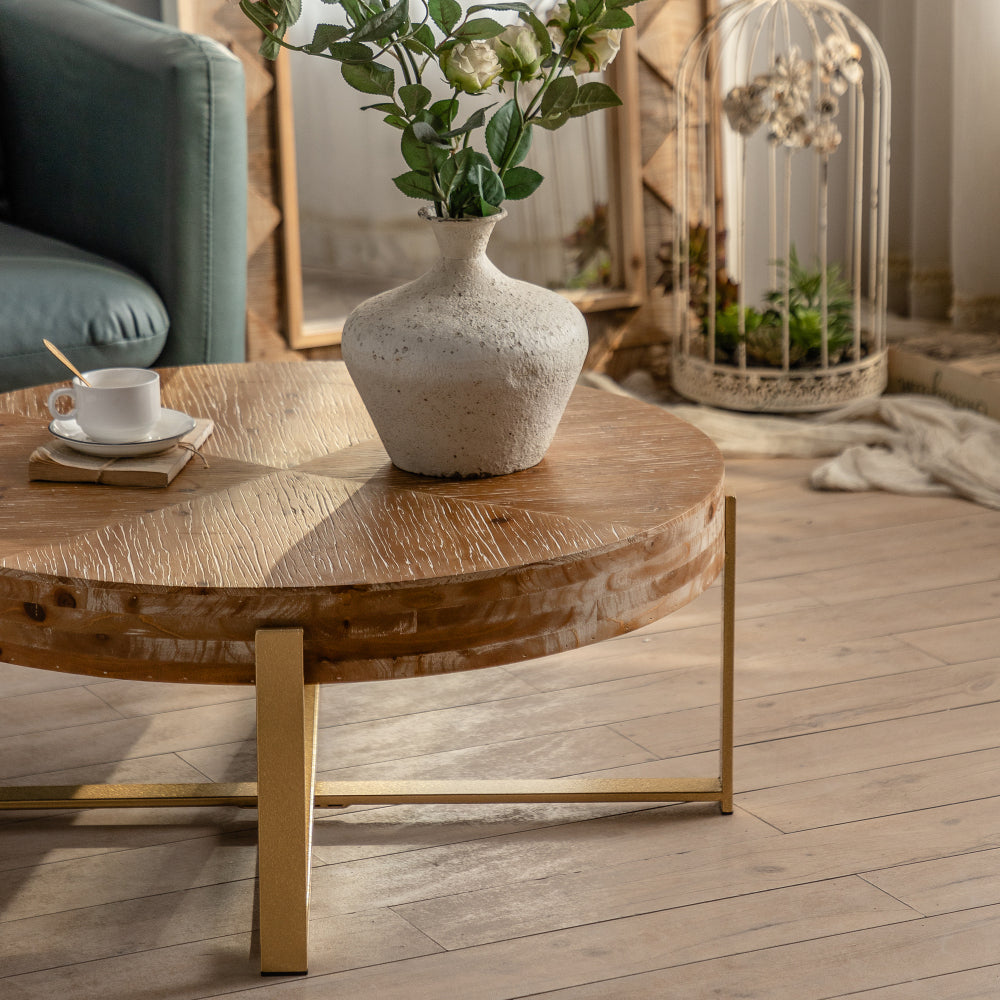 31" Modern Retro Splicing Round Coffee Table - Wood Table Top with Cross Legs Sturdy Base Tea Sofa Table - Accent Table for Living Room
