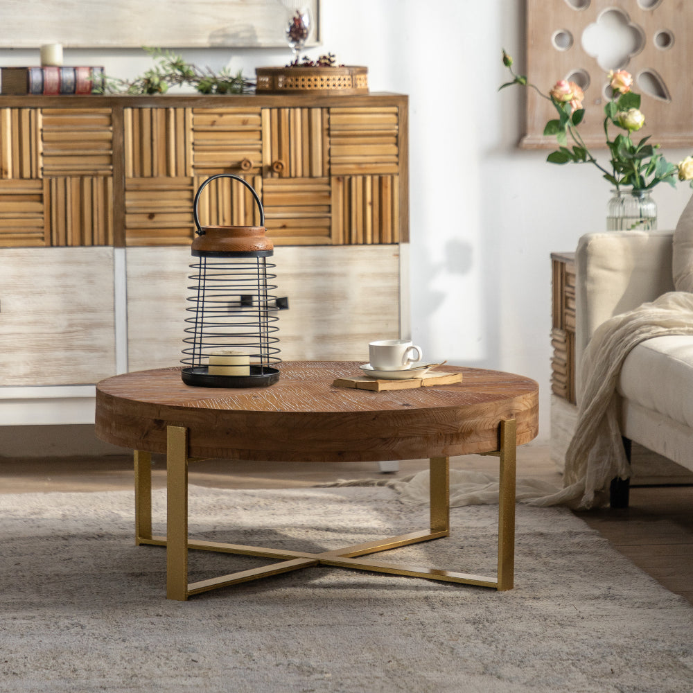 31" Modern Retro Splicing Round Coffee Table - Wood Table Top with Cross Legs Sturdy Base Tea Sofa Table - Accent Table for Living Room
