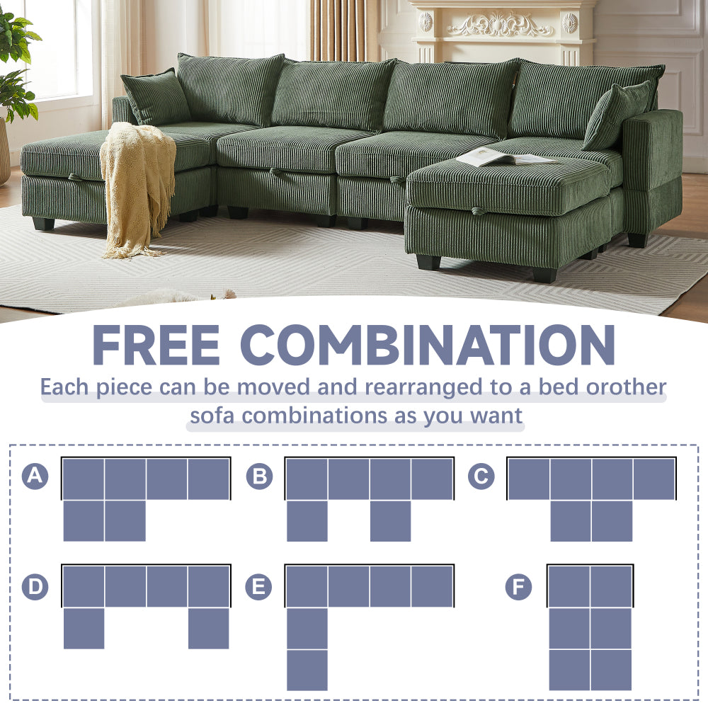 113'' Modular Sectional Corduroy Sofa - U Shaped Couch with Storage - Sectional Sleepr Couches for Living Room & Bedroom & Gaming Room