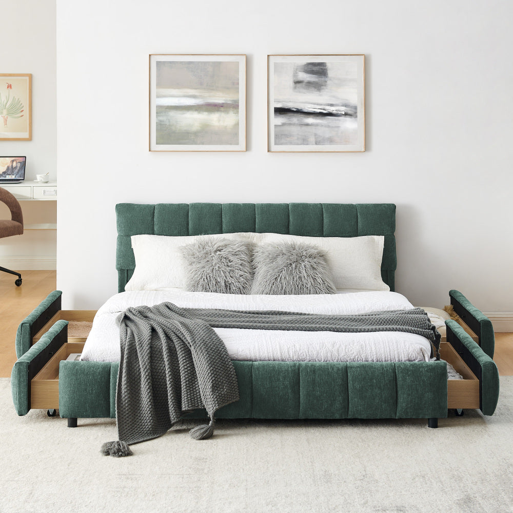 Queen Size Upholstered Bed Frame - Comfortable Chenille Fabric with Headboard Solid Bed Frame - with Drawer Storage