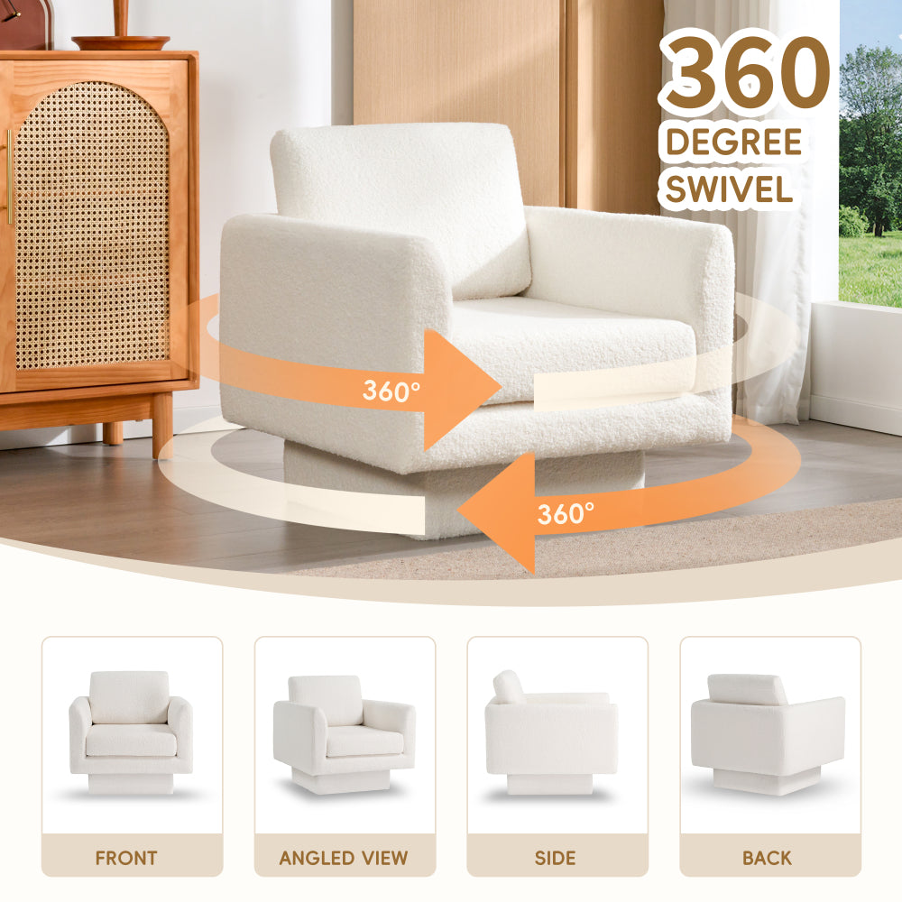 30" Swivel Accent Chair - Teddy Sherpa Armchair - Thick Padded Single Lounge Sofa - Upholstered Comfy Barrel Chair - Reading Club Chair for Living Room & Bedroom