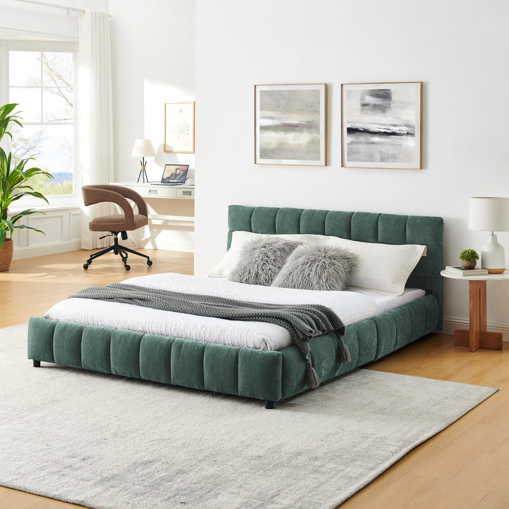 Queen Size Upholstered Bed Frame - Comfortable Chenille Fabric with Headboard Solid Bed Frame - with Drawer Storage