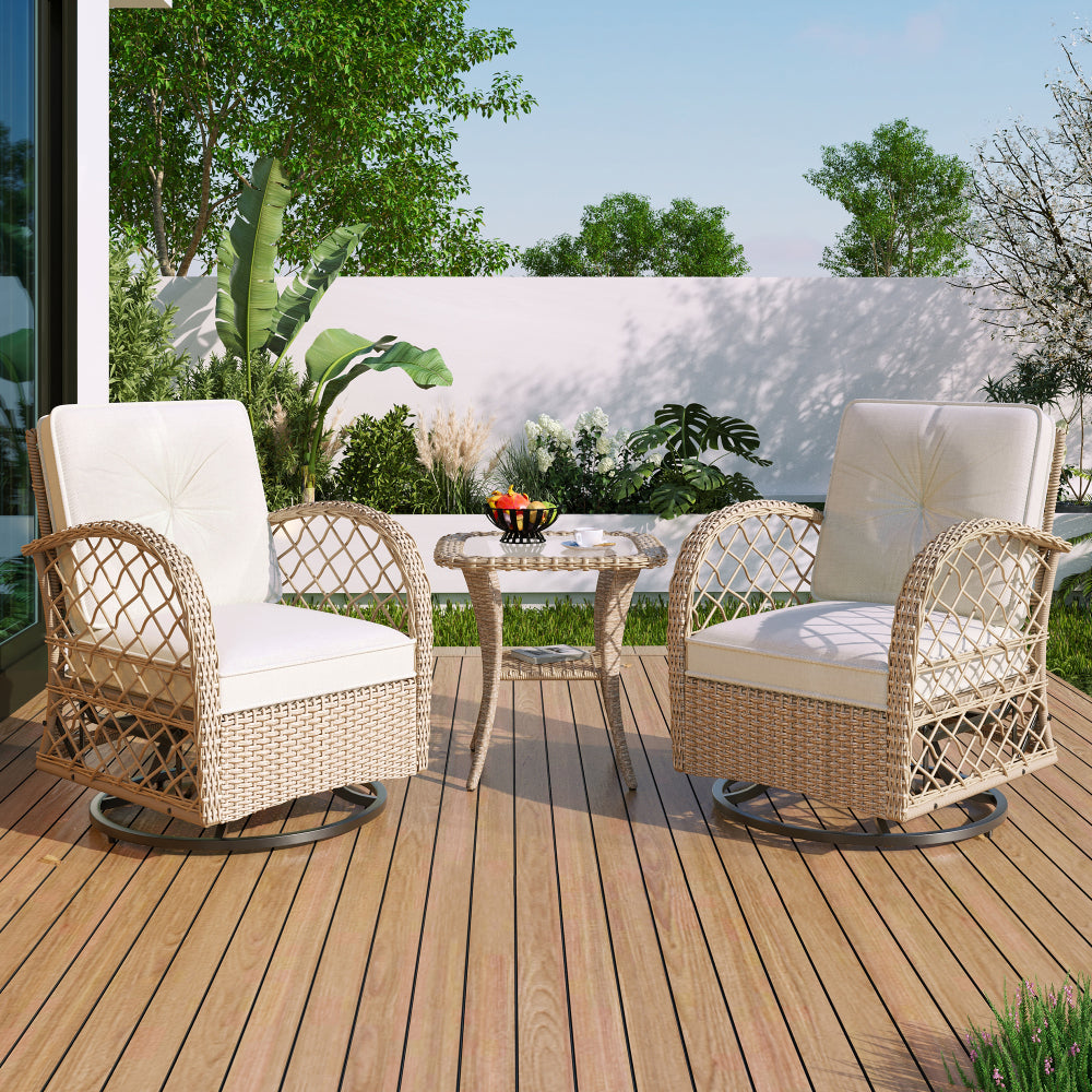 3-Piece Outdoor Chair & Table Set - 2 Swivel and Rocking Arm Accent Chairs & Glass Side Table for Garden & Patio & Balcony & Outdoor Poolside
