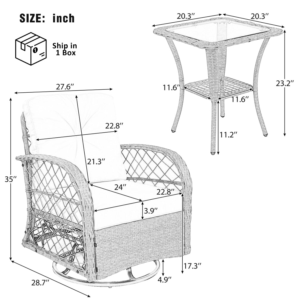 3-Piece Outdoor Chair & Table Set - 2 Swivel and Rocking Arm Accent Chairs & Glass Side Table for Garden & Patio & Balcony & Outdoor Poolside