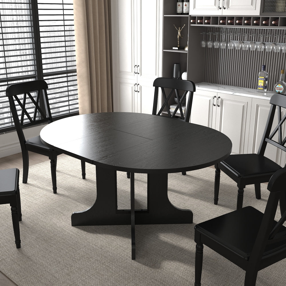 59x43" Farmhouse Dining Table - Expandable Round to Oval Table Top with Removable Leaf Trestle X Shaped Base for Kitchen & Dinning Room