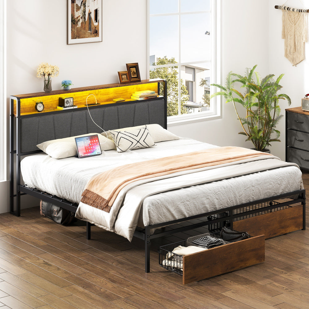 Queen Size Bed Frame with Charging Station - Upholstered Platform Bed Frame with Storage Drawers & USB Ports & LED Lights