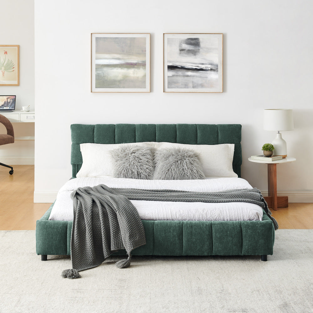 Queen Size Upholstered Bed Frame - Comfortable Chenille Fabric with Headboard Solid Bed Frame - with Drawer Storage