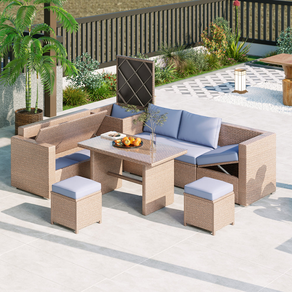 6-Piece Outdoor All Weather PE Rattan Sofa Set - Garden Patio Wicker Sectional Couch Set with Storage Box & Coffee Table - Removable Cusion and Tempered Glass Top Table for Poolside & Garden
