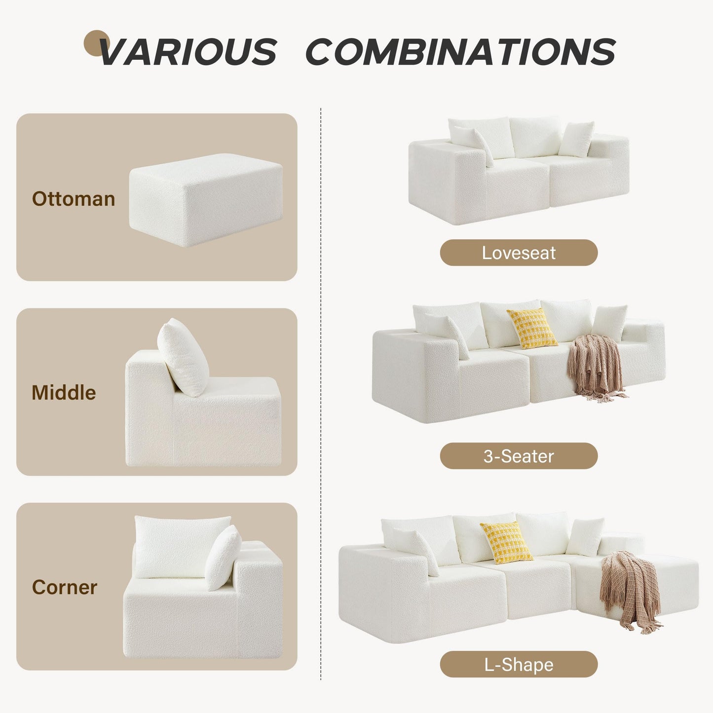 103" Modular Sectional Sofa - L Shaped Cloud Couch - Upholstered Couches for Living Room & Bedroom & Game Room