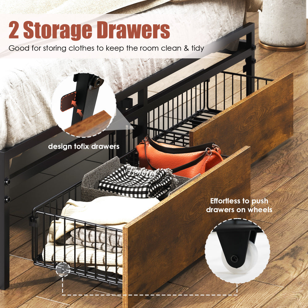 Queen Size Bed Frame with Charging Station - Upholstered Platform Bed Frame with Storage Drawers & USB Ports & LED Lights