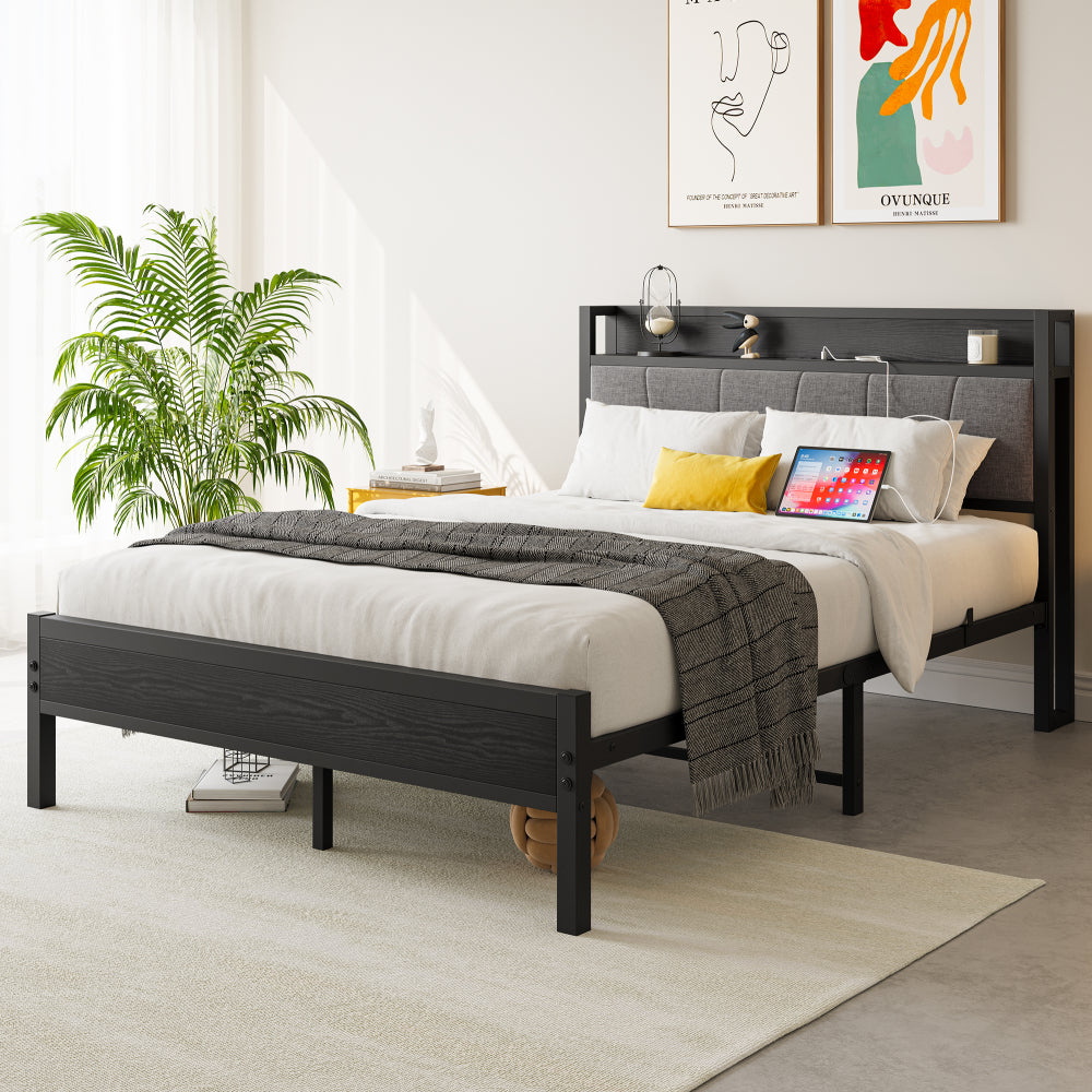 Metal Bed Frame with Storage Headboard & Charging Station - Solid and Stable/Noise Free - No Box Spring Needed