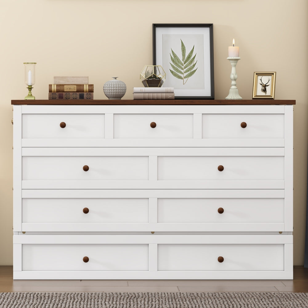 Full Size Solid Pine Murphy Bed Chest with Charging Station & Large Storage Drawer for Home Office & Small Room & Dorm & Bedroom