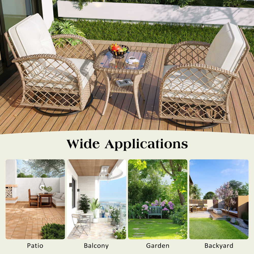3-Piece Outdoor Chair & Table Set - 2 Swivel and Rocking Arm Accent Chairs & Glass Side Table for Garden & Patio & Balcony & Outdoor Poolside