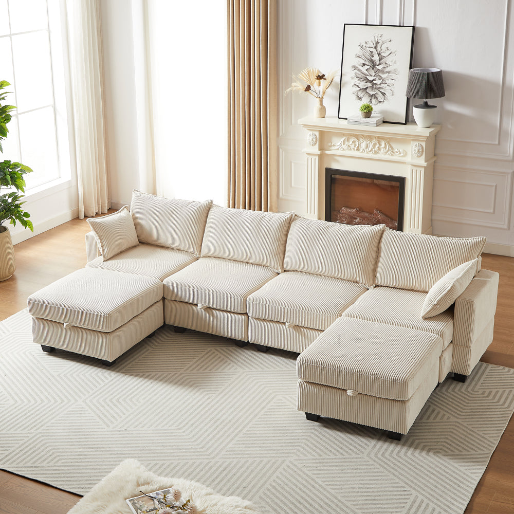 113'' Modular Sectional Corduroy Sofa - U Shaped Couch with Storage - Sectional Sleepr Couches for Living Room & Bedroom & Gaming Room