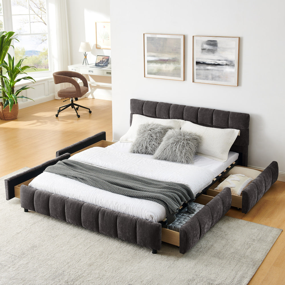 Queen Size Upholstered Bed Frame - Comfortable Chenille Fabric with Headboard Solid Bed Frame - with Drawer Storage