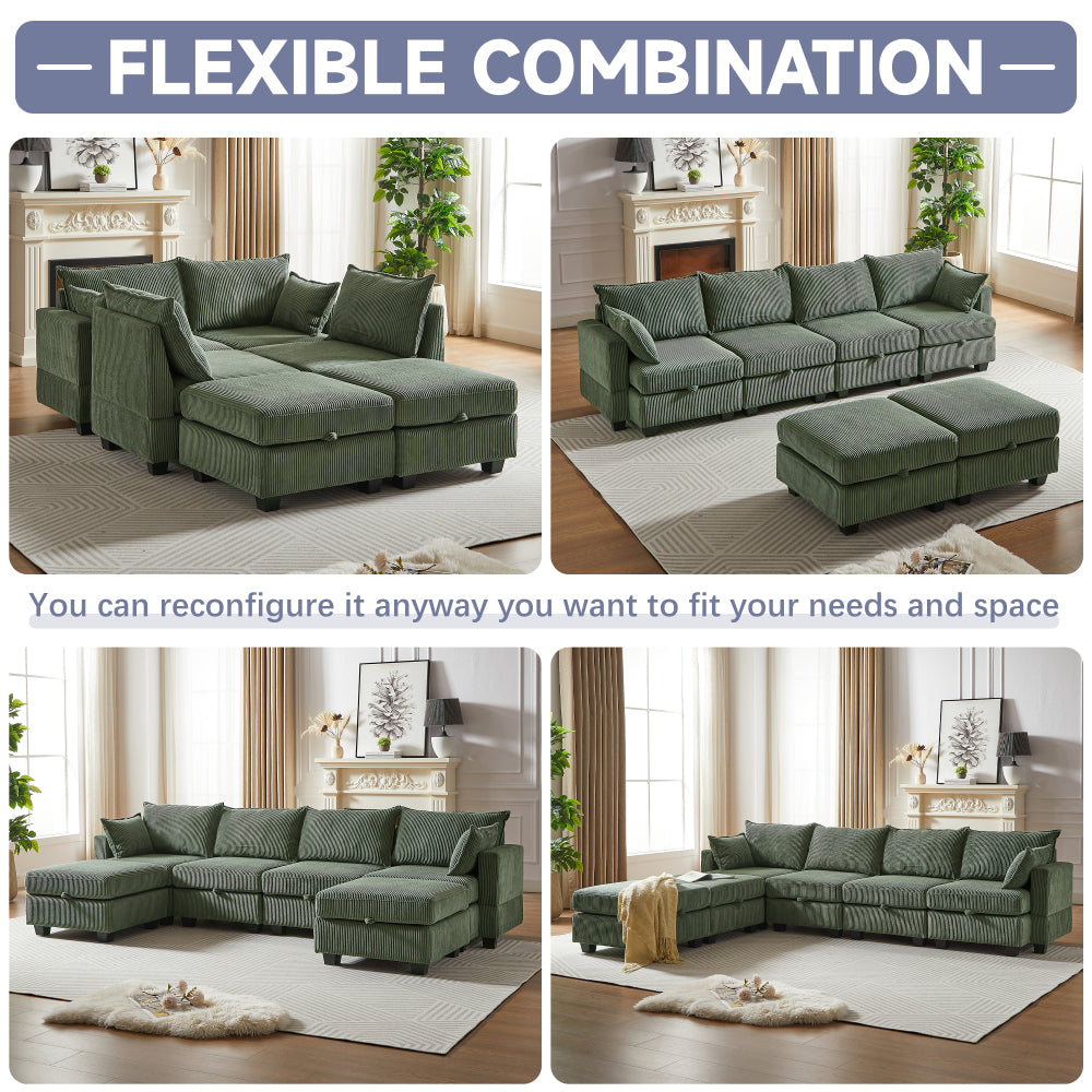 113'' Modular Sectional Corduroy Sofa - U Shaped Couch with Storage - Sectional Sleepr Couches for Living Room & Bedroom & Gaming Room