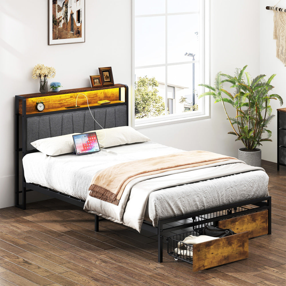 Queen Size Bed Frame with Charging Station - Upholstered Platform Bed Frame with Storage Drawers & USB Ports & LED Lights