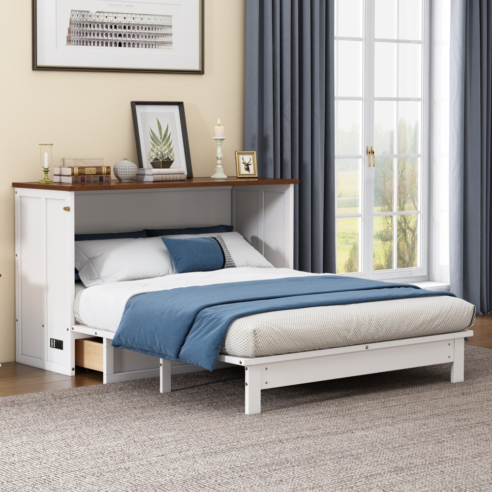 Queen Size Solid Pine Murphy Bed Chest with Charging Station & Large Storage Drawer for Home Office & Small Room & Dorm & Bedroom