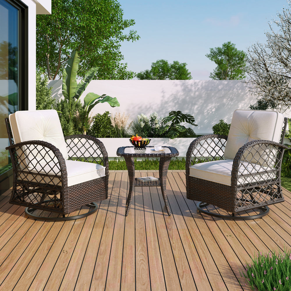 3-Piece Outdoor Chair & Table Set - 2 Swivel and Rocking Arm Accent Chairs & Glass Side Table for Garden & Patio & Balcony & Outdoor Poolside
