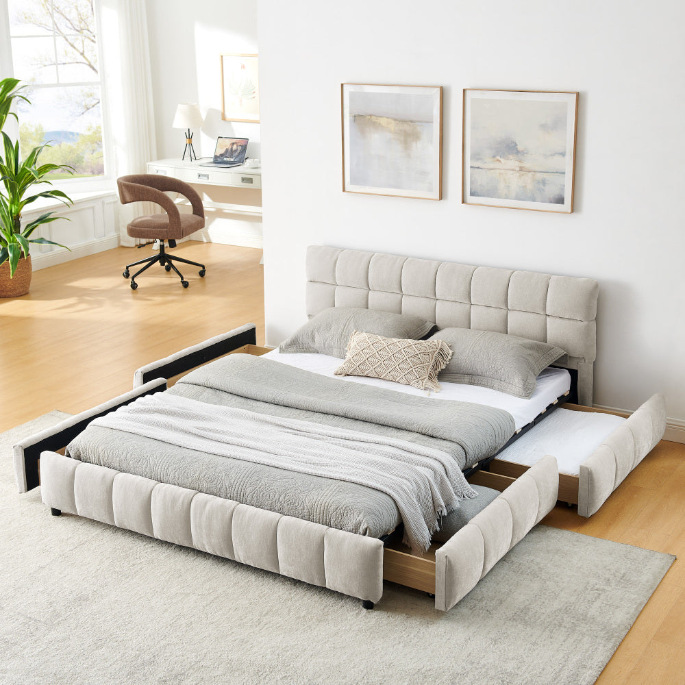 Queen Size Upholstered Bed Frame - Comfortable Chenille Fabric with Headboard Solid Bed Frame - with Drawer Storage