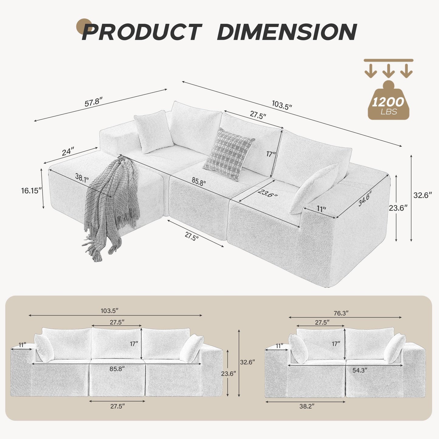 103" Modular Sectional Sofa - L Shaped Cloud Couch - Upholstered Couches for Living Room & Bedroom & Game Room