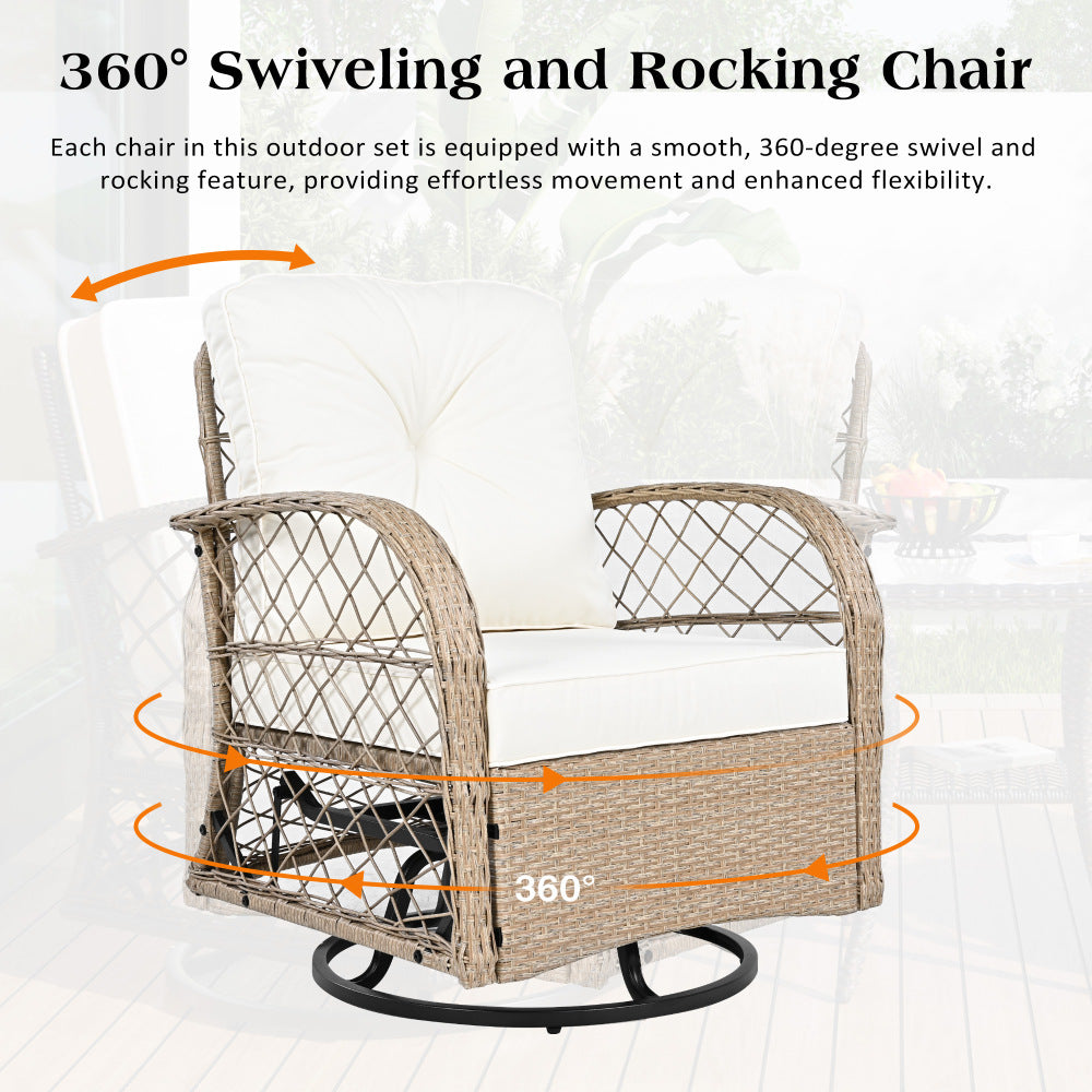 3-Piece Outdoor Chair & Table Set - 2 Swivel and Rocking Arm Accent Chairs & Glass Side Table for Garden & Patio & Balcony & Outdoor Poolside