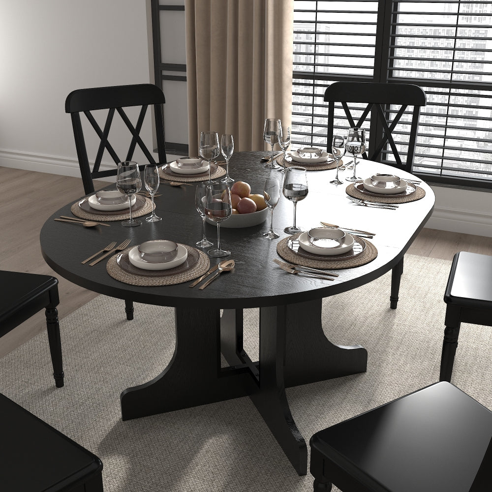 59x43" Farmhouse Dining Table - Expandable Round to Oval Table Top with Removable Leaf Trestle X Shaped Base for Kitchen & Dinning Room