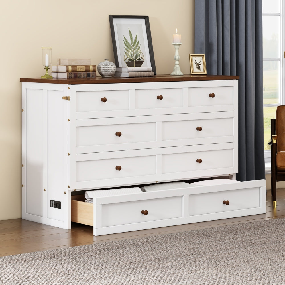 Full Size Solid Pine Murphy Bed Chest with Charging Station & Large Storage Drawer for Home Office & Small Room & Dorm & Bedroom