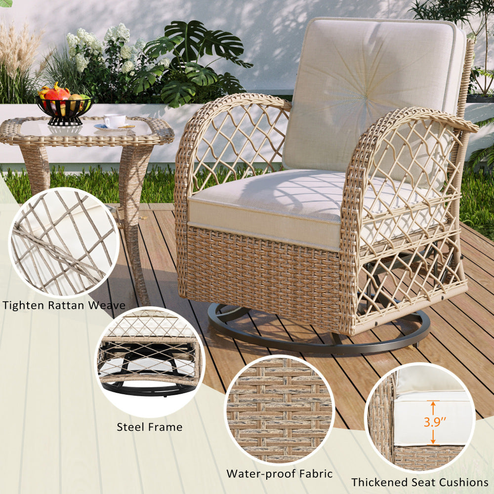 3-Piece Outdoor Chair & Table Set - 2 Swivel and Rocking Arm Accent Chairs & Glass Side Table for Garden & Patio & Balcony & Outdoor Poolside