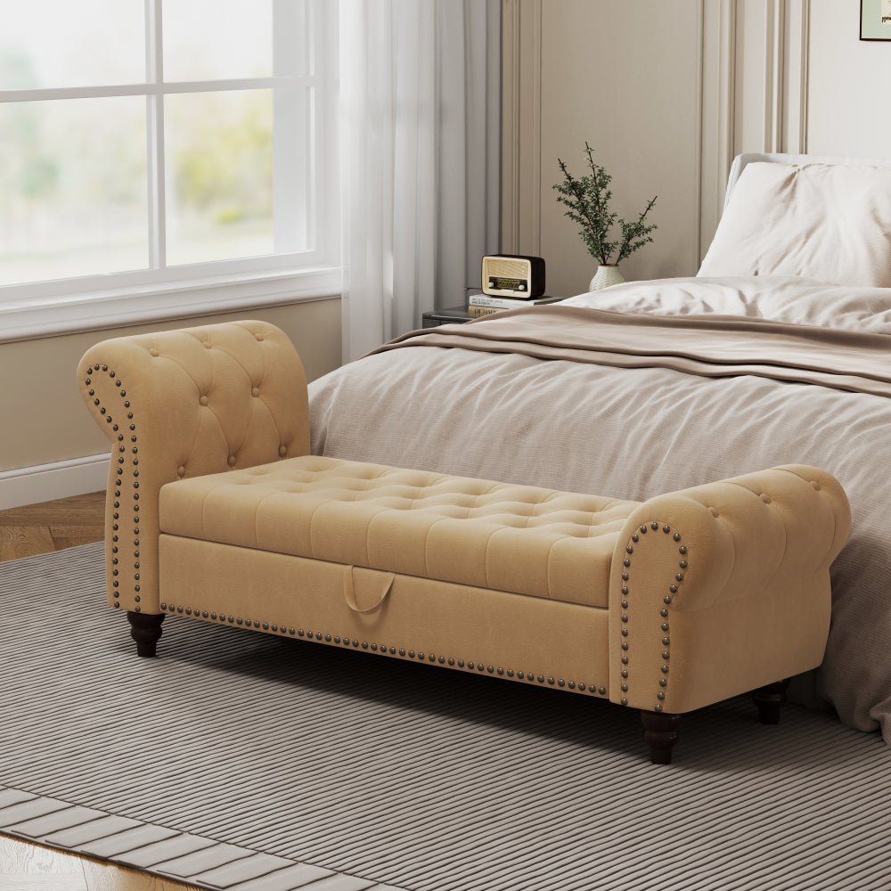 64.5" Luxury Bed Bench for Bedroom Nails Tufted Chaise of Lounge with Storage - Velvet Upholstery Bench for Living Room
