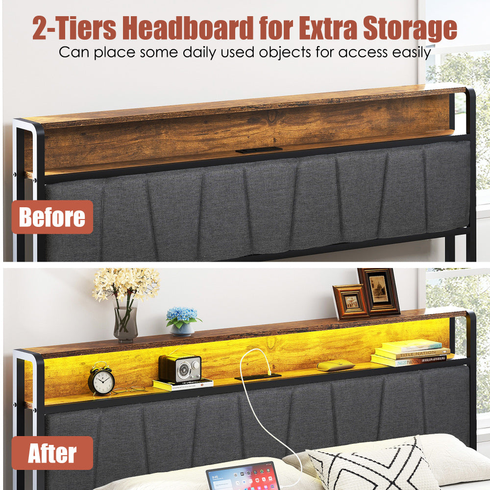 Queen Size Bed Frame with Charging Station - Upholstered Platform Bed Frame with Storage Drawers & USB Ports & LED Lights