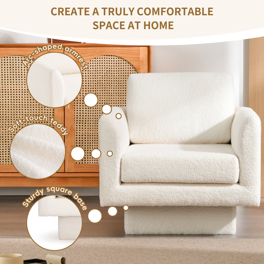 30" Swivel Accent Chair - Teddy Sherpa Armchair - Thick Padded Single Lounge Sofa - Upholstered Comfy Barrel Chair - Reading Club Chair for Living Room & Bedroom