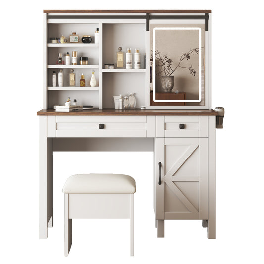 Farmhouse Makeup Vanity Table with Storage - Vanity Desk with Sliding Mirror & Lights & Hairdryer Holder & Charging Station for Bedroom
