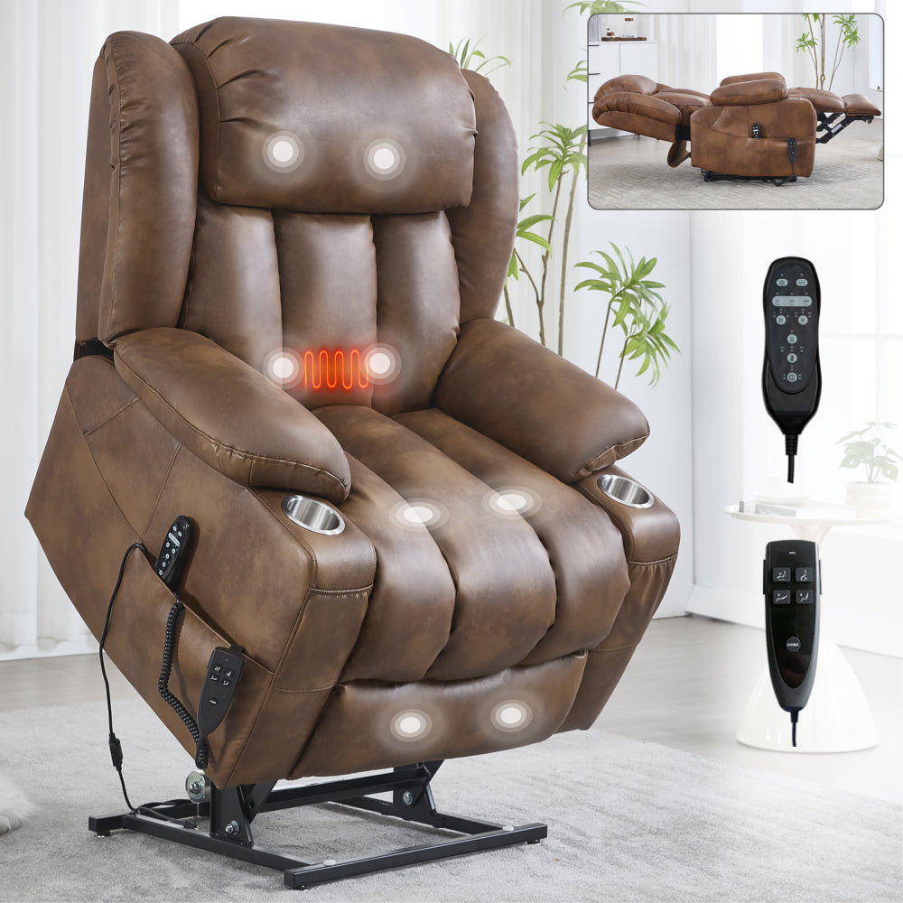 Dual Motor Power Lift Recliner Massage Chair - Infinite Position Up to 350 LBS Leatheraire Arm Chair - Heavy Duty Motion Mechanism with 8-Point Vibration and Lumbar Heating & Cup Holder