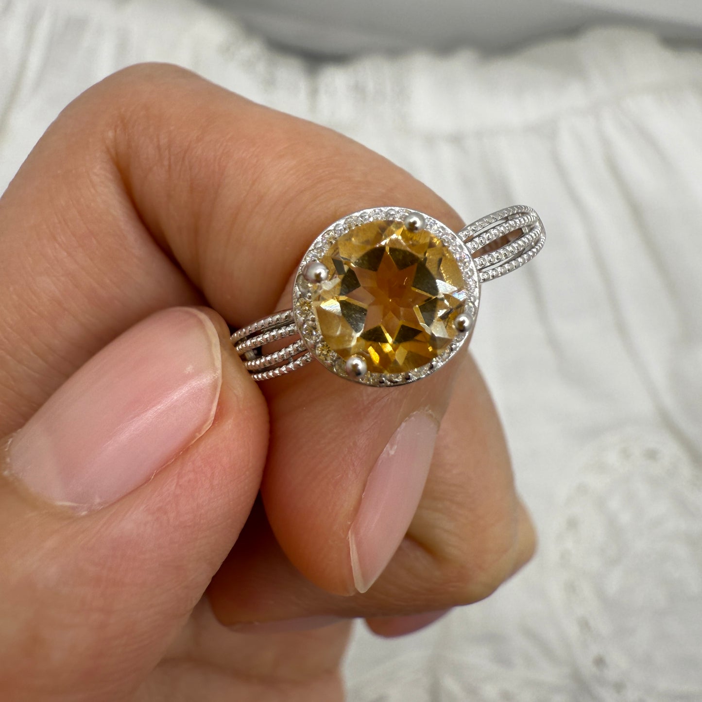 925 Sterling Silver Ring 7mm Yellow Round Natural Citrine Gemstone Zircon Women Bridal Jewelry Gift