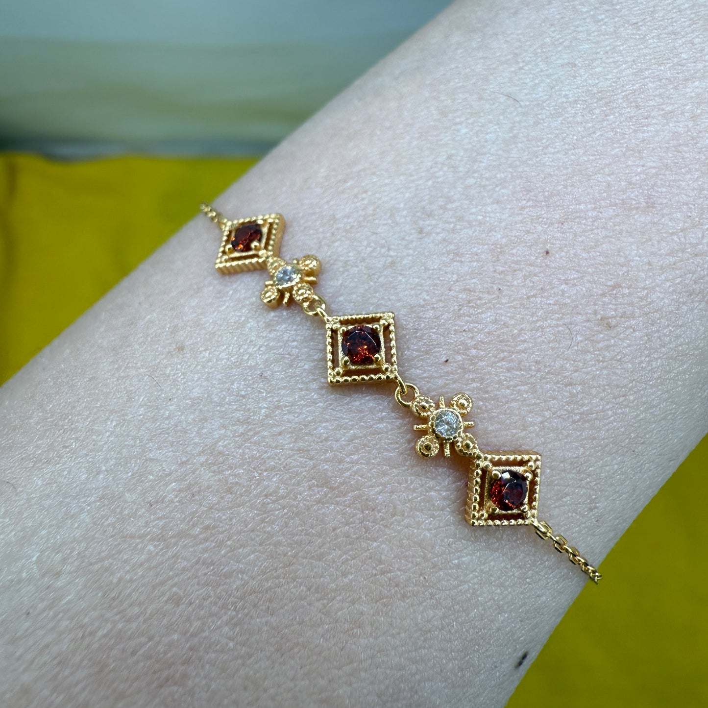 925 Sterling Silver Bracelet 3mm Round Red Natural Zircon Gemstone Golden Chain Jewelry Gift