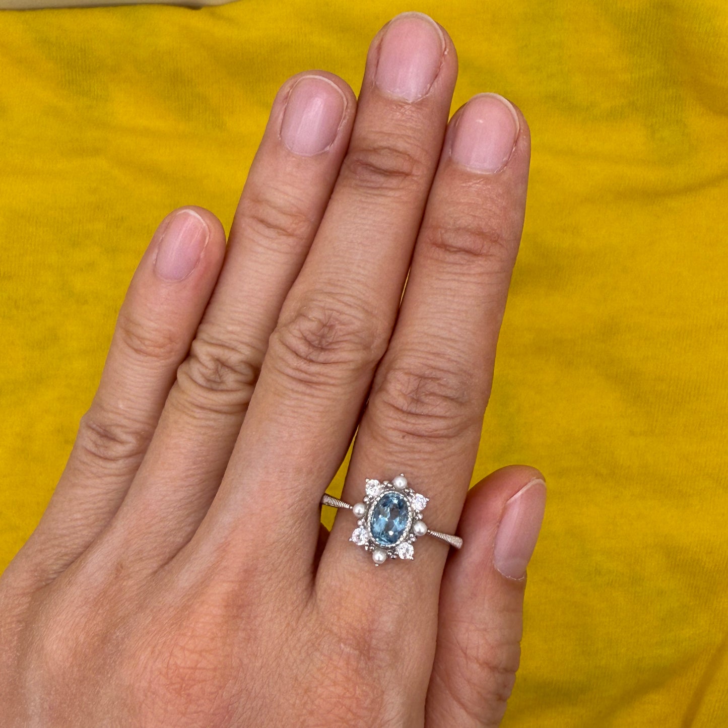 925 Sterling Silver Ring Oval 6x4mm Natural Blue Topaz Gemstone Zircon Pearl Women Bridal Jewelry Gift