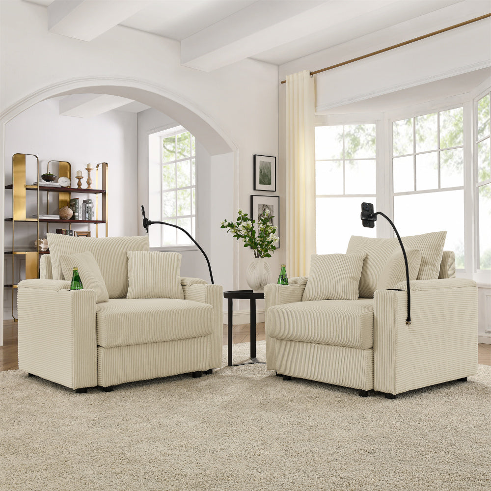Accent Chair Set of 2 - Modern Sofa Chair with Storage - Deep Seat Couch with Cup Holders & Phone Holder for Living Room & Bedroom & Gaming Room