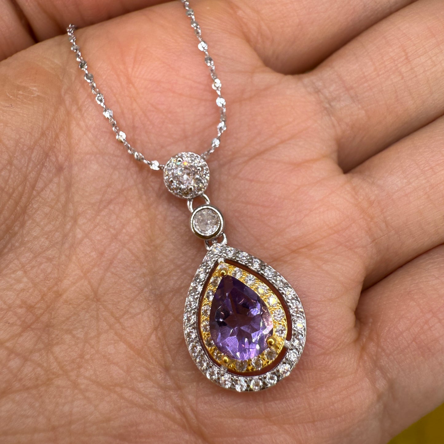 925 Sterling Silver Necklace 8x5mm Purple Natural Amethys Gemstone Zircon Teardrop Women Jewelry Gift
