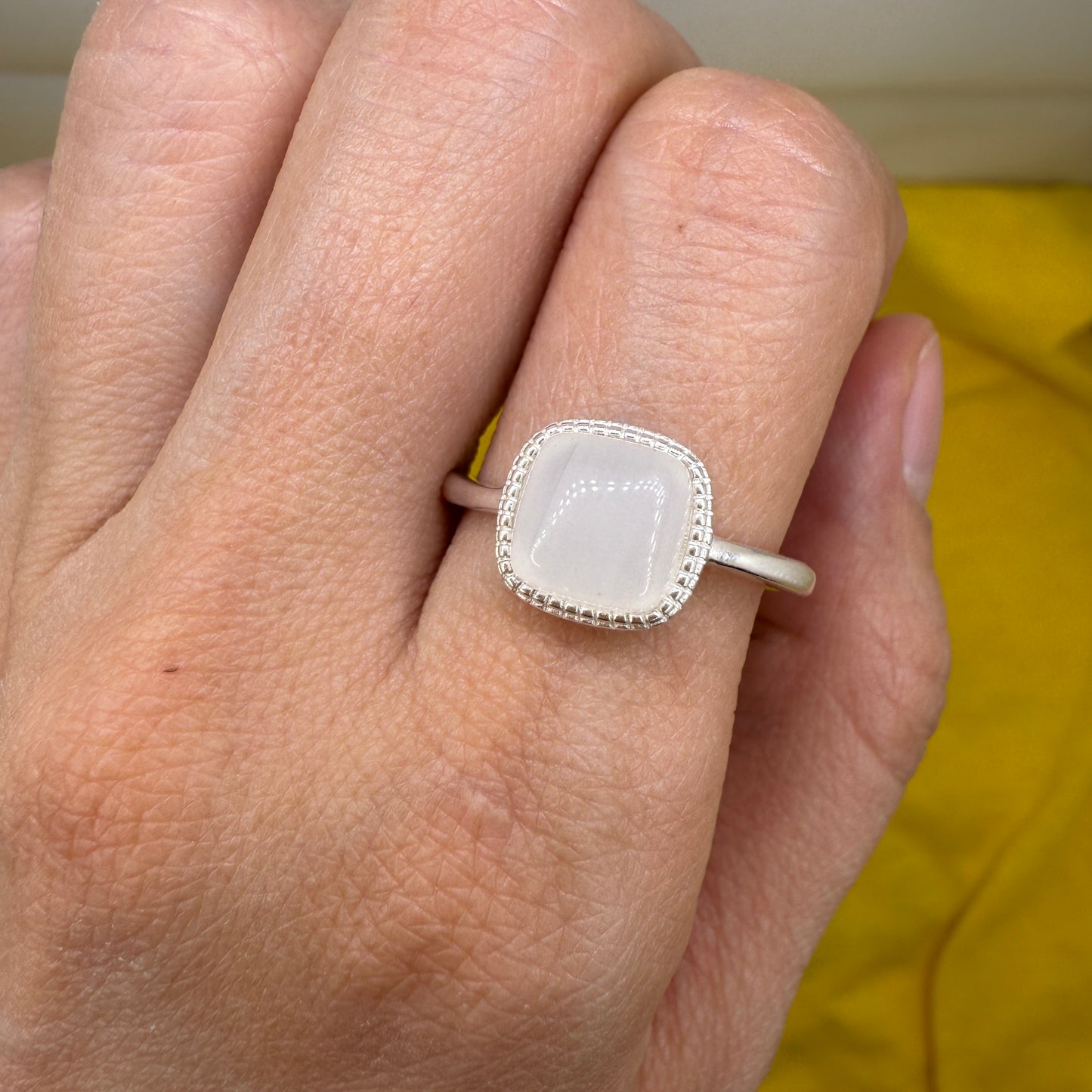 925 Sterling Silver Ring 8mm Square White Natural Nephrite Jade Gemstone Women Bridal Engagement Jewelry Gift for Her