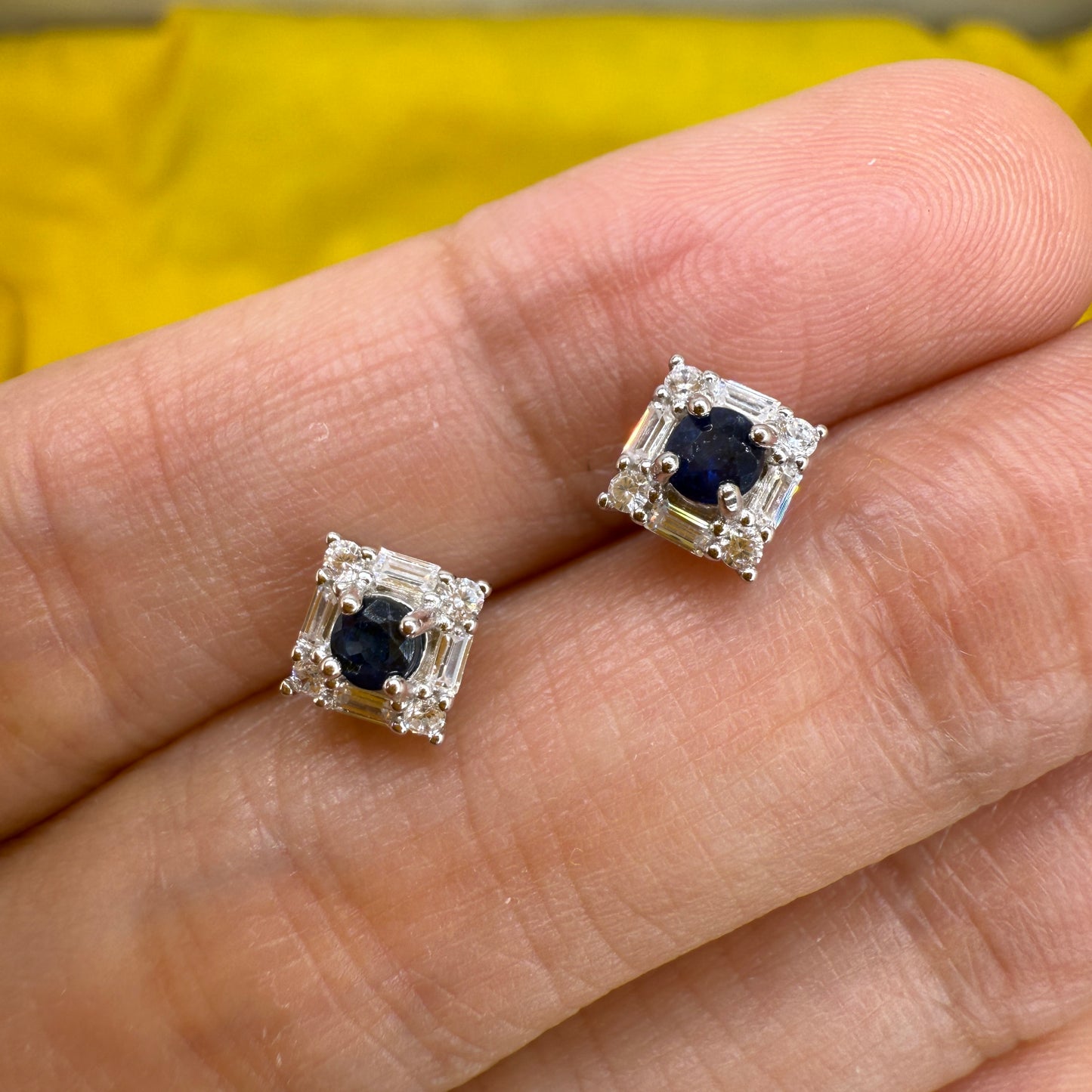925 Sterling Silver Earrings Cube Stud 3mm Blue Natural Sapphire Gemstone Zircon Women Bridal Engagement Jewelry Gift for Her, Sister, Christmas