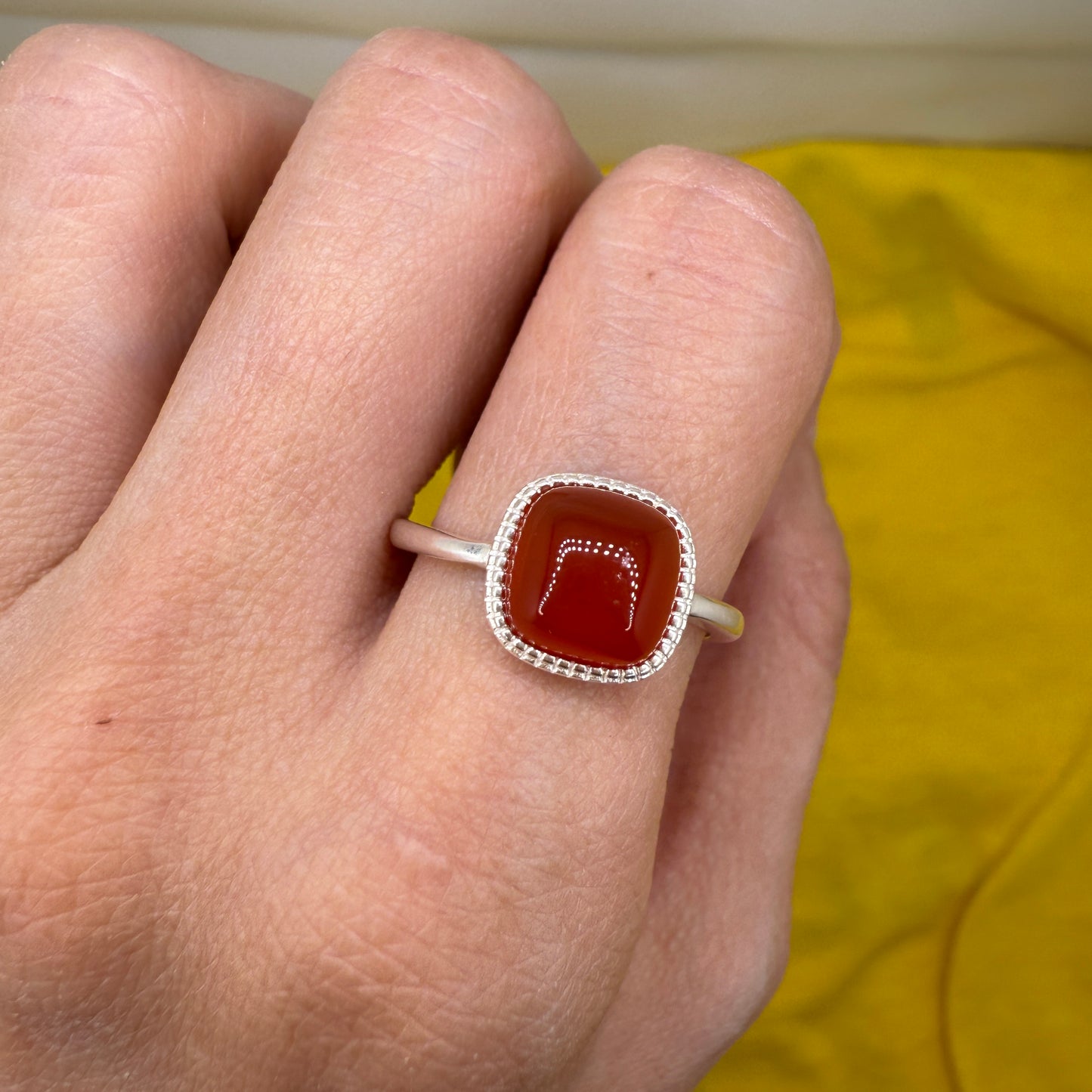 925 Sterling Silver Ring 8mm Square Red Natural Agate Gemstone Women Bridal Jewelry Cute Gift for Her