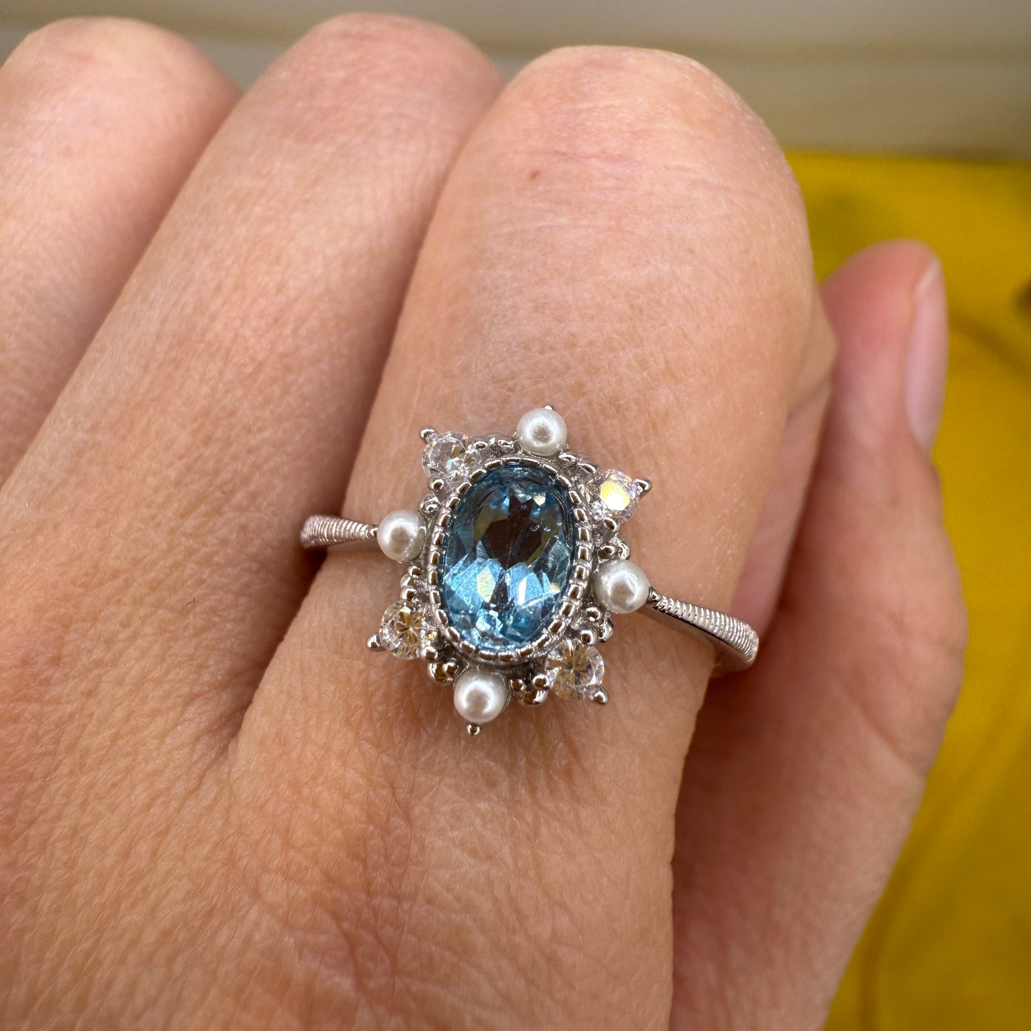 925 Sterling Silver Ring Oval 6x4mm Natural Blue Topaz Gemstone Zircon Pearl Women Bridal Jewelry Gift