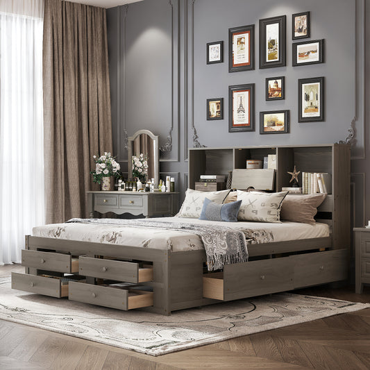 Farmhouse Platform Bed Frame with Storage Headboard - Heavy Duty Solid Bed Frame with 8 Drawers Storage