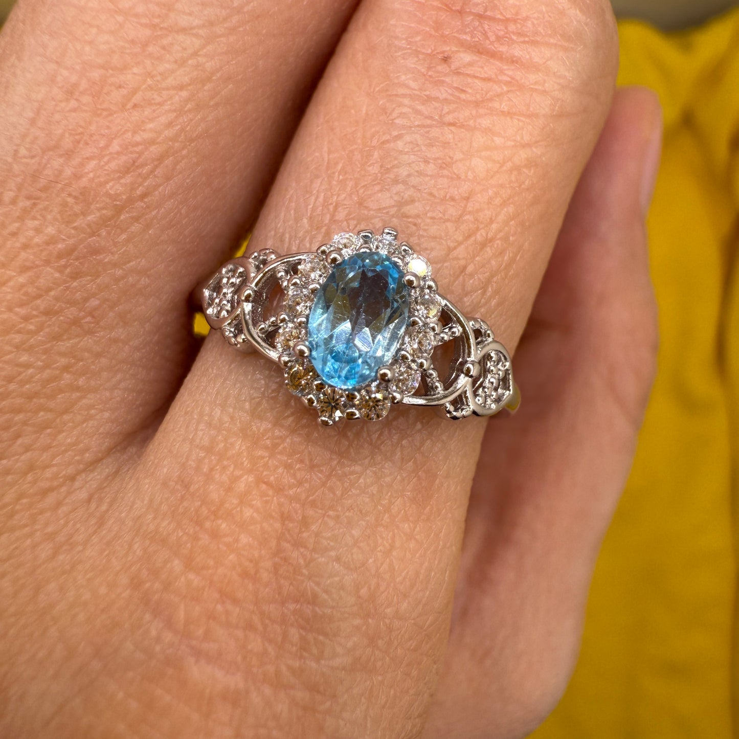 925 Sterling Silver Ring Oval 6x4mm Natural Blue Topaz Gemstone Zircon Women Bridal Engagement Jewelry Gift for Her