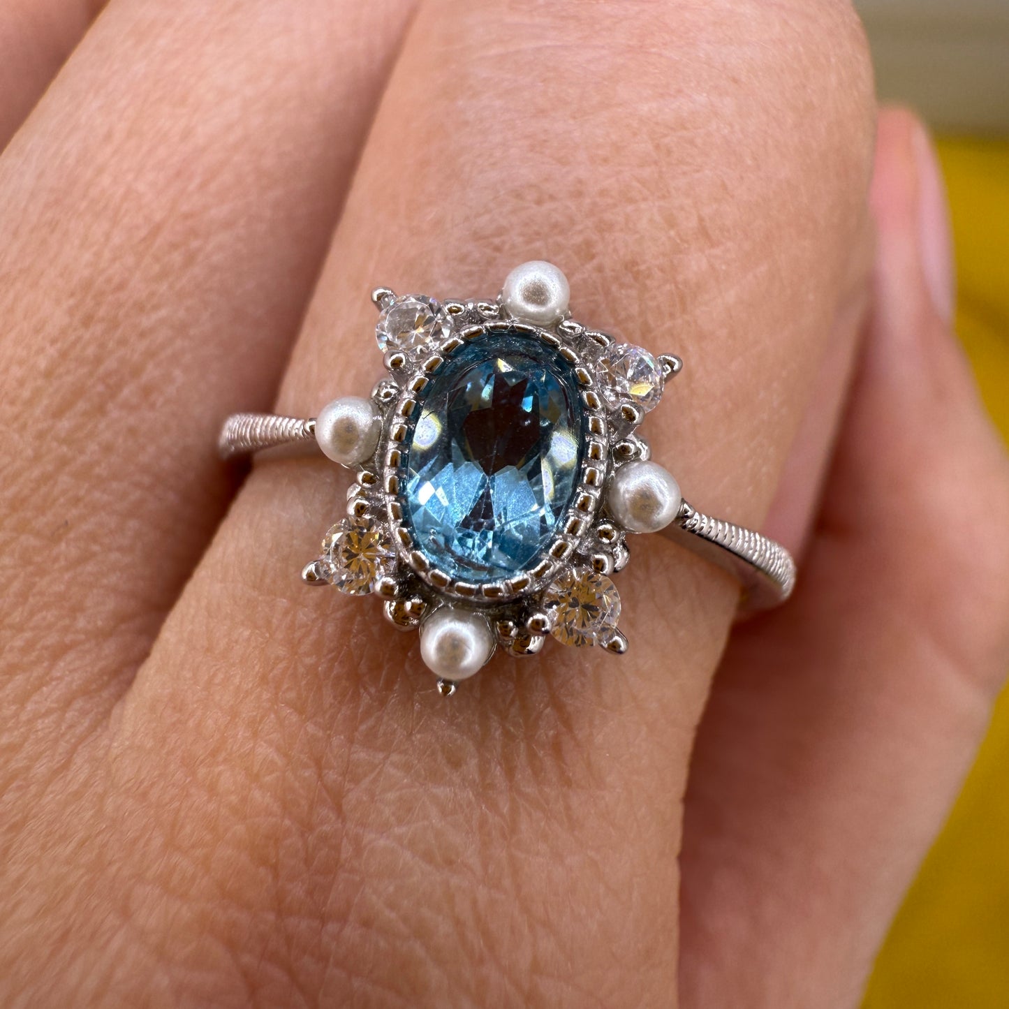 925 Sterling Silver Ring Oval 6x4mm Natural Blue Topaz Gemstone Zircon Pearl Women Bridal Jewelry Gift