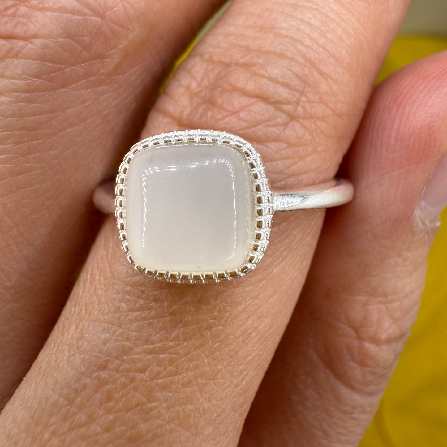 925 Sterling Silver Ring 8mm Square White Natural Nephrite Jade Gemstone Women Bridal Engagement Jewelry Gift for Her