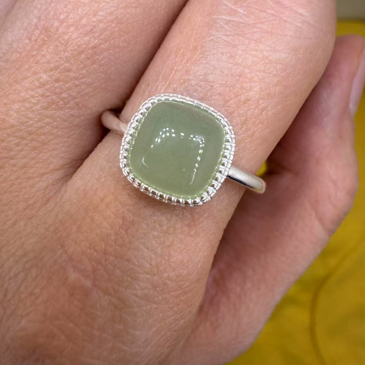 925 Sterling Silver Ring 8mm Square Natural Green Jade Gemstone Women Bridal Engagement Jewelry Gift for Her