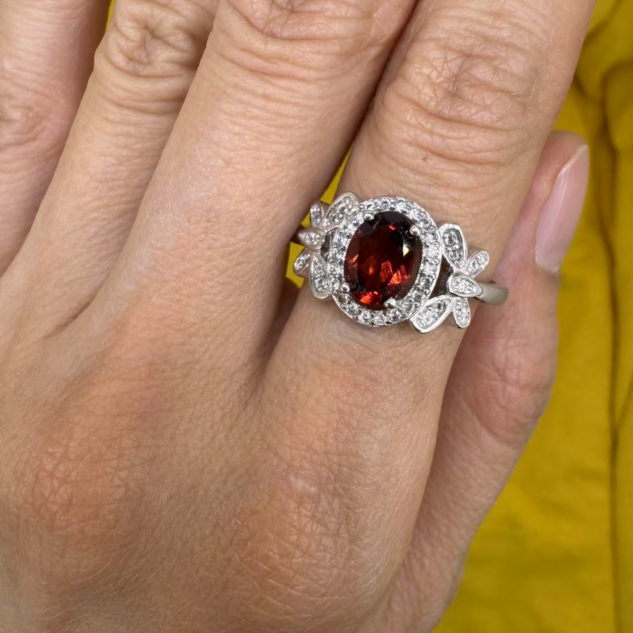 925 Sterling Silver Ring Oval 7x5mm Red Natural Rhodolite Garnet Gemstone Zircon Butterfly Women Bridal Jewelry Gift for Her, Mother