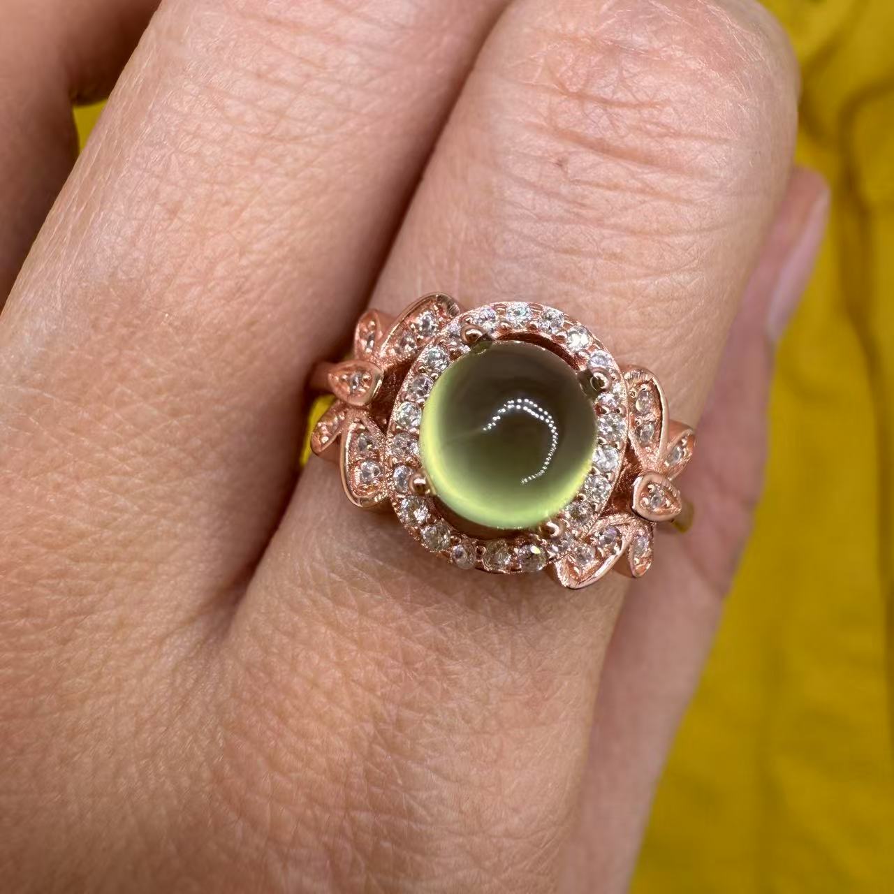 925 Sterling Silver Ring Oval 7x5mm Green Natural Prehnite Gemstone Zircon Butterfly Women Bridal Anniversay Jewelry Gift for Her